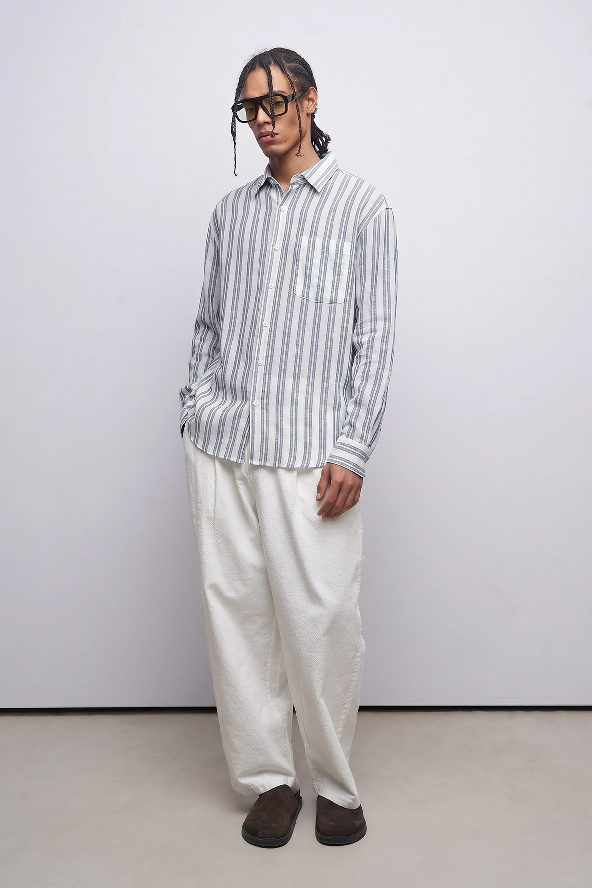 Relaxed Fit Çizgili Keten Gömlek