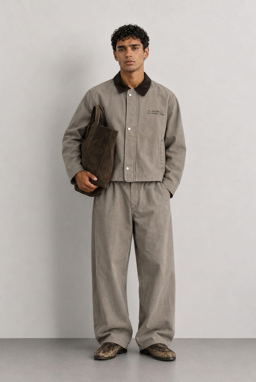 Gabardin kadife yaka nakışlı takım, tam boy dikey görsel